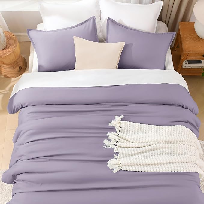 Litanika Grayish Lavender Purple Comforter Set Queen Size, 3 Pieces Lightweight Solid Bedding Comforter Set, All Season Fluffy Bed Set (90x90In Comforter & 2 Pillowcases)