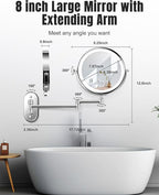 Wall Mounted Makeup Mirror with Light, 20X/1X 8'' Double Sided LED Magnifying Bathroom Lighted Vanity Mirror with Magnification, 3 Color Light up Touch Dimmable Extended Arm 360 Rotation