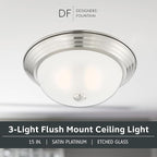 DESIGNERS FOUNTAIN Reedley 3-Lights Flush Mount Ceiling Light, 15 Inch Lighting Fixture for Kitchen, Bedroom, Bathroom, and Hallway, Satin Platinum with Etched Glass, 1257L-SP-W