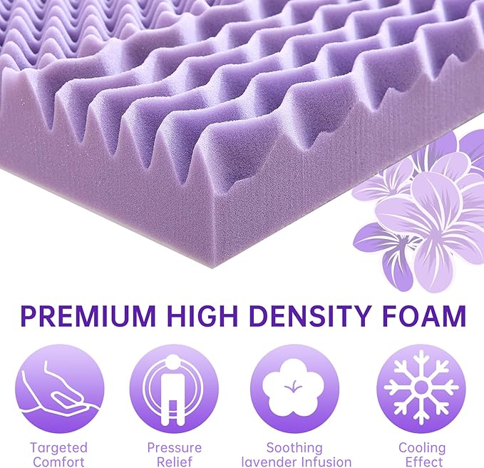 MUXHOMO 3 Inch 7-Zone Queen Mattress Topper, Egg Crate Foam Mattress Topper Queen Size for Back Pain, Lavender Cooling Gel Infused Bed Pad, CertiPUR-US and Oeko-TEX Certification (60"×80")