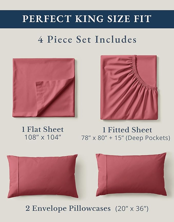 LANE LINEN 100% Organic Cotton Bedsheets King Size Bed, Soft & Comfy Luxury Hotel Style Percale Cooling Sheets King Size, Oeko Tex Certified Sustainably Produced Cotton Sheets- Mineral Red