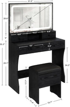 IRONCK Vanity Desk Set with LED Lighted Mirror & Power Outlet, Makeup Vanity Table with 4 Drawers,Storage Bench,for Bedroom, Bathroom, Black