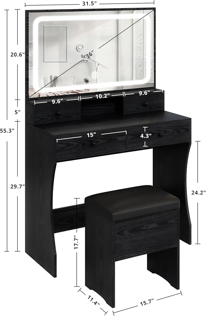 IRONCK Vanity Desk Set with LED Lighted Mirror & Power Outlet, Makeup Vanity Table with 4 Drawers,Storage Bench,for Bedroom, Bathroom, Black