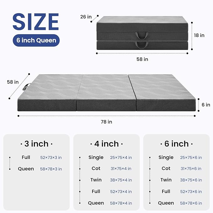 Foldable Mattress Queen 6 inch -Portable Grey Memory Foam Folding Matress with Washable Cover for Camping Travel Guest Room Home Use-Non-Slip&Easy Storage