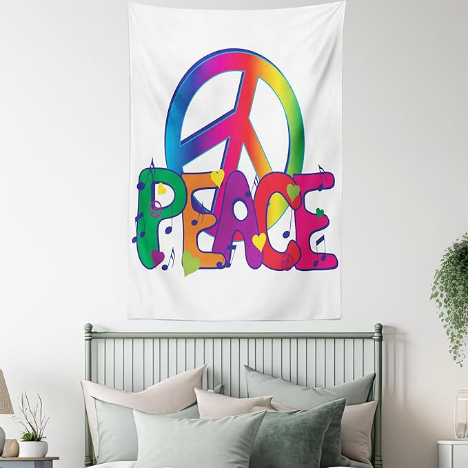 Ambesonne Groovy Tapestry, Peace Text Sign Letters Seventies Musical Historic Revolution Equality Illustration, Wall Hanging for Bedroom Living Room Dorm Decor, 40" X 60", Pink Blue