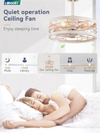 LEDIARY 16.5in Caged Ceiling Fan with Light, Fandelier Industrial Ceiling Fan with Remote, Rustic Metal Fan Lights Ceiling Fixtures for Kitchen, Farmhouse, Bedroom（6 Speed, Timing）-White and Gold