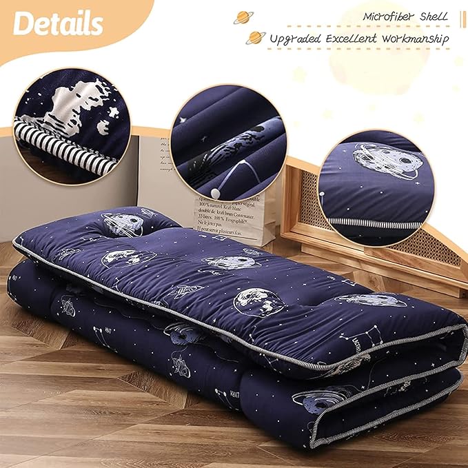 Navy Space Adventure Japanese Floor Futon Mattress, Thicken Tatami Mat Sleeping Pad Foldable Bed Roll Up Mattress Floor Lounger Bed Couches and Sofas for Kids Full Size