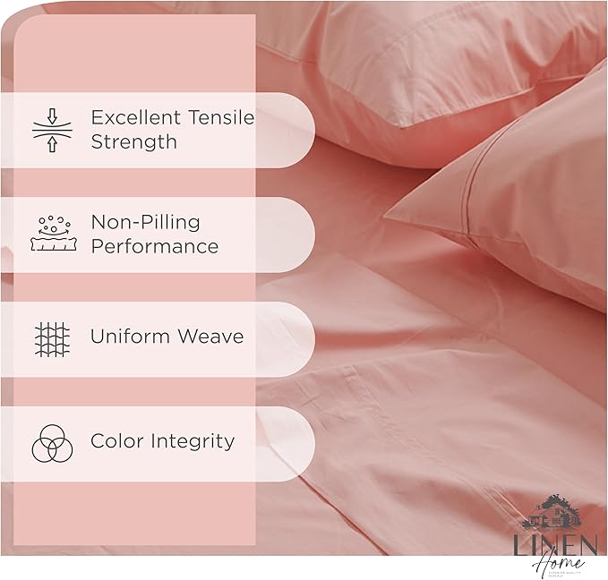 Linen Home 100% Cotton Percale Sheets King Size, English Rose, Deep Pocket, 4 Pieces Set - 1 Flat, 1 Deep Pocket Fitted Sheet and 2 Pillowcases, Crisp Cool and Strong Bed Linen