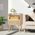 Lerliuo Rattan Nightstand, Boho Side Table with Drawer Open Shelf, Cane Accent Bedside End Table with Solid Wood Legs for Bedroom, Dorm and Small Spaces (Natural)
