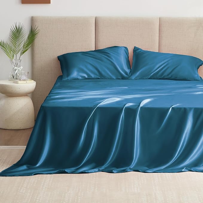Love's cabin Twin Satin Sheets Sets - 3 Piece Teal Silky Bed Sheets with Deep Pockets, Luxury Silk Feel Satin Twin Size Sheet Set Bedding Set (1 Flat Sheet,1 Fitted Sheet,1 Pillow case)