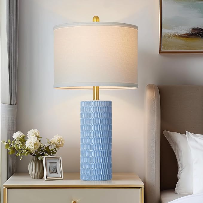 27" Blue Ceramic Lamps Set of 2, Coastal Ceramic Table Lamps for Living Room with Rotary Switch, Classic Bedside Lamp for Nightstand, Tall Lamps for Bedroom Side End Table Home Decor