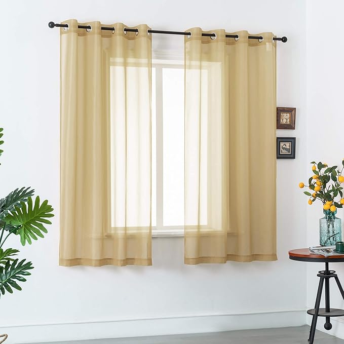 DUALIFE Tan Beige 45 Inch Short Sheer Curtains Grommet,Look Semi Sheer Windows Panels,Elegant Solid Color Touch Soft Drapes, 52X45 Inch for Living Room Bedroom,Set of 2 Panels Natural Taupe