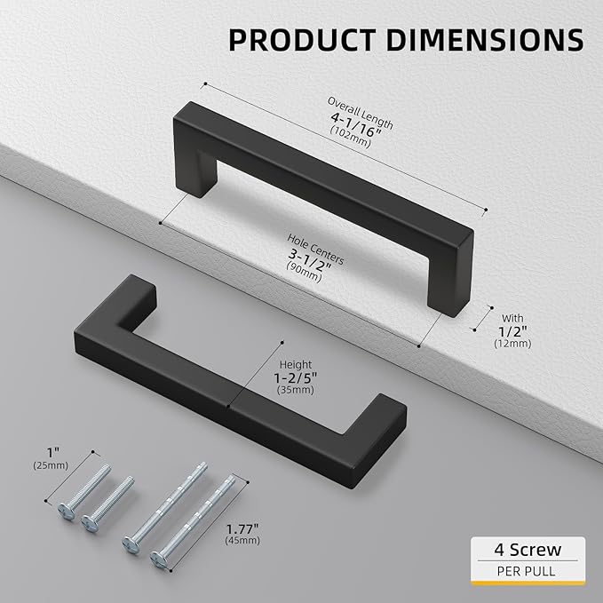 goldenwarm 150 Pack 3-1/2 Inch Black Cabinet Handles Matte Black Drawer Pulls Stainless Steel Cabinets Hardware Square Bar Modern for Kitchen Bathroom Cupboard