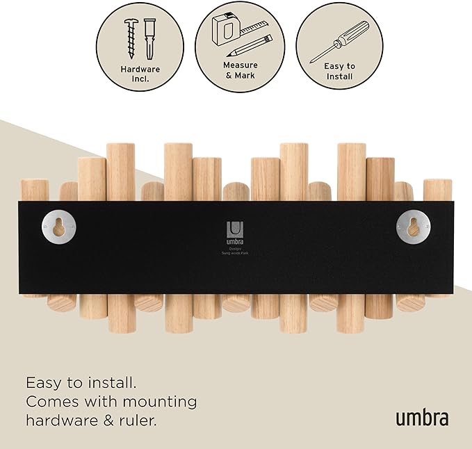 Umbra Picket 5 Hooks, Wall-Mounted Rail, Doubles as Art, Beveled Pine Wood Dowels, Natural Finish