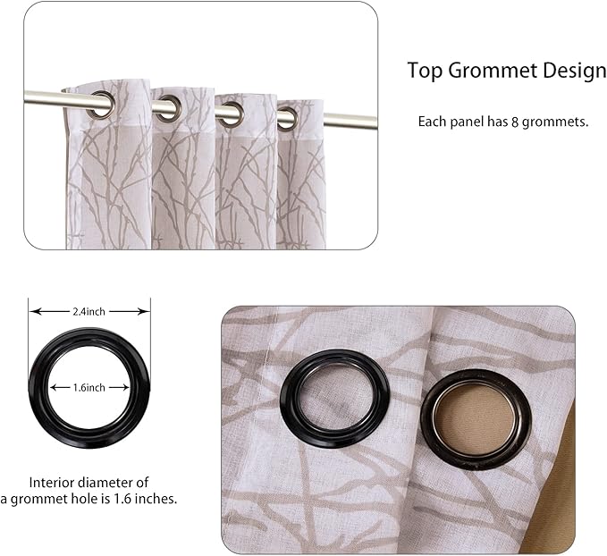 BONZER Mix and Match Curtains - 2 Pieces Branch Print Sheer Curtains and 2 Pieces Blackout Curtains for Bedroom Living Room Grommet Window Drapes, 54x63 Inch/Panel, Taupe, Set of 4 Panels