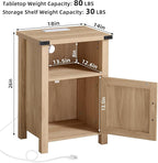 Boho Fluted Nightstand Set of 2 for Bedroom, 18" Rustic Night Stand with Charging Station, Modern Accent Bedside Tables with Open Storage Shelf & Door, Wooden End Table for Home, Natural Oak
