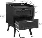Finnhomy Nightstand with Charging Station, Bedside Table with 2 Hand Made Rattan Decorated Drawers, Night Stand with Storage for Bedroom, Full Black, Set of 2