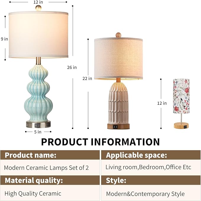 Ceramic Table Lamps Set of 2, Green Modern Bedside 26" Nightstand Lamp 3-Way Dimmable Lamp for Bedroom Living Room Contemporary, Side Table Lamp, Bulbs Included