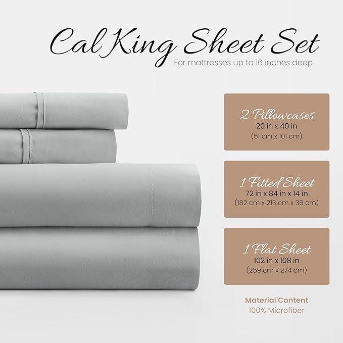 Linen Market Double-Brushed Microfiber California King Sheet Set 4 Piece – Oeko-TEX Certified Ultra Soft & Wrinkle-Free - 16" Deep Pocket Sheets Easy Care Cal-King Size - Light Gray