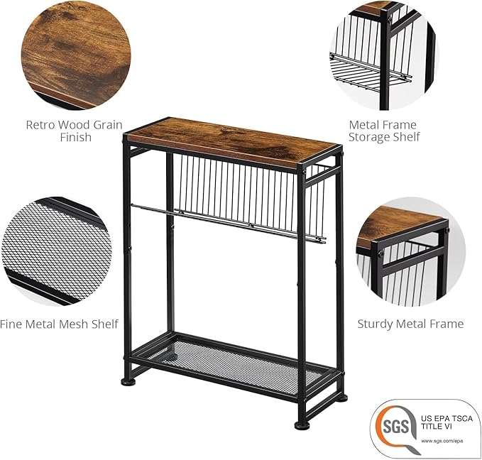Small Side Table for Small Spaces - Slim End Table with Magazine Holder - 2 in 1 Design Narrow End Table Living Room - Skinny Bedside Table Nightstand Bedroom Thin Side Table, Rustic Brown
