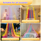 Obrecis Bed Canopy with Lights, Rainbow Bed Canopy for Girls Princess,Canopy Bed Curtains Bedroom Decor for Girls,Fits Single, Twin, Full, Queen Size Kids