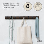 Umbra - Flip Wall-Mounted Coat Rack Rail Hook for Hats, Jackets, Bags and More, Wood, Metal, Black/Walnut