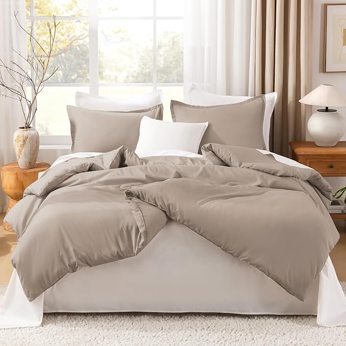 Litanika California King Comforter Set Light Coffee - 3 Pieces Cal King Lightweight Soft Plain Bed Comforter, Oversized Down Alternative Bedding Set - Machine Washable (104x96In, 2 Pillowcases)