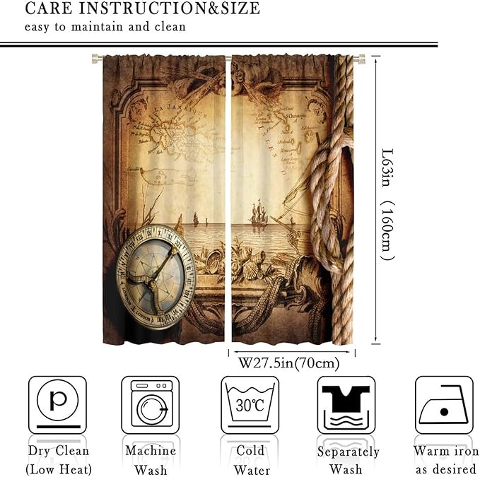 Pirate Map Curtains, Nautical Theme Old Ancient Treasure Map Secret Sea History Pattern Blackout Window Drapes for Kids Boys Bedroom Living Room 55x63in