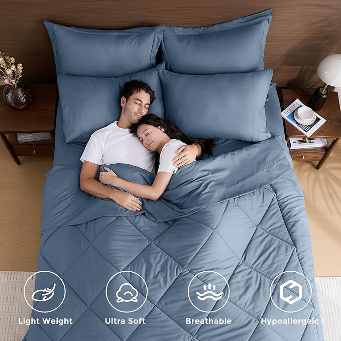 HEVUMYI Dusty Blue Cali-King Comforter Set - 7-Piece All Season Bed in a Bag Cali-King, Ultra Soft Bedding Set with Comforter, Flat Sheet, Fitted Sheet, Pillowcases, Pillow Shams