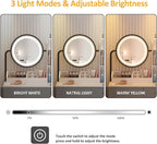 Vabches Makeup Vanity with Round Mirror and Lights, White Vanity Makeup Table with Charging Station, Small Vanity Table for Bedroom, 3 Lighting Modes, 31.5in(L)