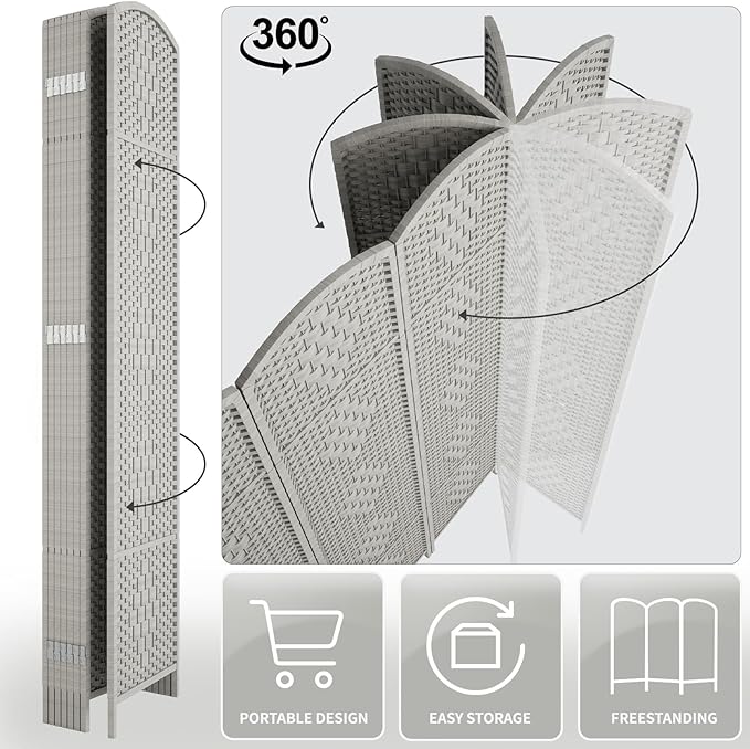 Rose Home Fashion 6 ft Tall Room Divider, Room Dividers and Folding Privacy Screens, 15.7in Privacy Screen 4 Panel Partition Temporary Wall Separation for Private, Stone Grey