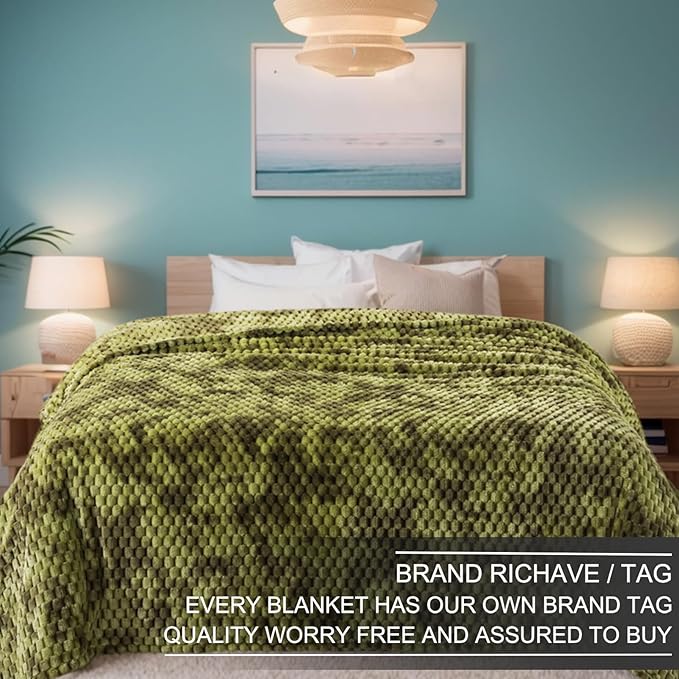 Richave Twin Size Fleece Blanket,Premium Lightweight Anti-Static 66x90 Inches 3D Clouds Stylish Jacquard Velvet Plush Bed Blanket for Twin/Twin XL Extra Long Bed, Tie-dye Olive Green