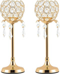 Crystal Tea Light Candlestick Holders Flower Shape with Crystal Pendant Bowl Votive Metal Candle Holder for Table Centerpieces Wedding Home Decor (Set of 2 high, Gold)