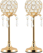 Crystal Tea Light Candlestick Holders Flower Shape with Crystal Pendant Bowl Votive Metal Candle Holder for Table Centerpieces Wedding Home Decor (Set of 2 high, Gold)