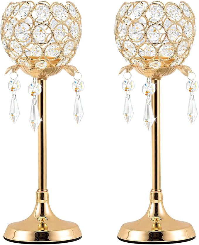 Crystal Tea Light Candlestick Holders Flower Shape with Crystal Pendant Bowl Votive Metal Candle Holder for Table Centerpieces Wedding Home Decor (Set of 2 high, Gold)