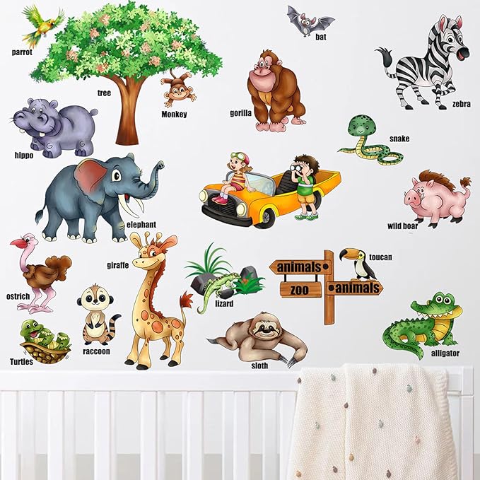 Jungle Animal Wall Stickers Forest Safari Wall Decals Kid Room Nursery Baby Bedroom Décor (Early Childhood Animal Education)
