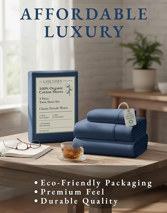LANE LINEN 100% Organic Cotton Twin Bed Sheet Set, Luxury Hotel Style Fade Resistant Deep Pocket Machine Washable Twin Size Sheet Set, Eco Friendly Mercerized Cotton Sheets- Estate Blue