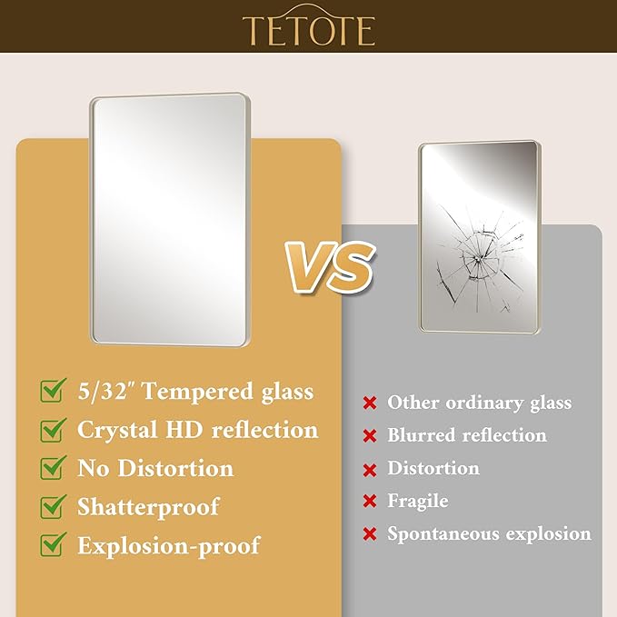 TETOTE 60 x 36 Inch Brushed Nickel Bathroom Mirror Metal Framed Bathroom Mirror, Tempered Glass, Modern Farmhouse Wall Mounted Mirror for Decorative(Horizontal/Vertical)