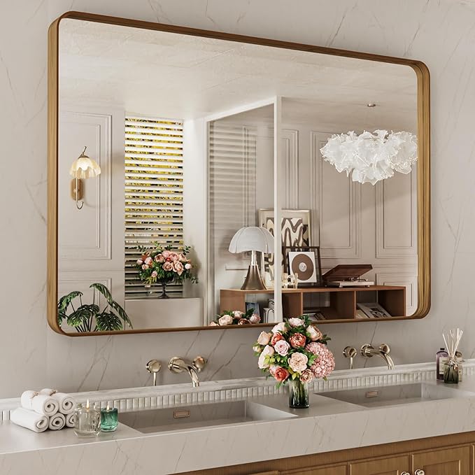 LOAAO 55X36 Inch Bathroom Mirror with Wood Grain Colored Metal Frame, Rounded Rectangle Metal Framed Bathroom Mirror, Anti-Rust, Hangs Horizontally or Vertically, Tempered Glass