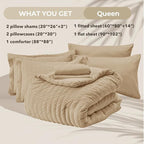 HYMOKEGE Khaki Queen Comforter Set Seersucker 7 Pieces, All Season Luxury Bed in a Bag Queen for Bedroom, Bedding Set with Comforter, Sheets, Pillowcases & Shams