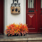 15PCS Artificial Fall Plants for Outdoors, Orange Fake Grass Plants Flowers for Autumn Decorations, UV Resistant Faux Foliage Greenery Bushes for Window Porch Garden Yard Décor