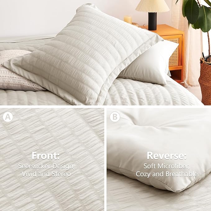 CozyLux Oversized Queen Comforter Set Beige Seersucker 7 Pieces 98x98 Bed in a Bag Comforter Set with Sheets, Luxury Soft Bedding Sets with Down Alternative Comforter, Sheets, Pillowcases & Shams