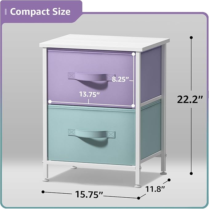 Sorbus Nightstand with 2 Drawers - Kids Bedside Furniture End Table Night Stand - Steel Frame, Wood Top & Easy Pull Fabric Bins - Dresser & Chest for Home, Bedroom Accessories, Office & Dorm (2 Pack)