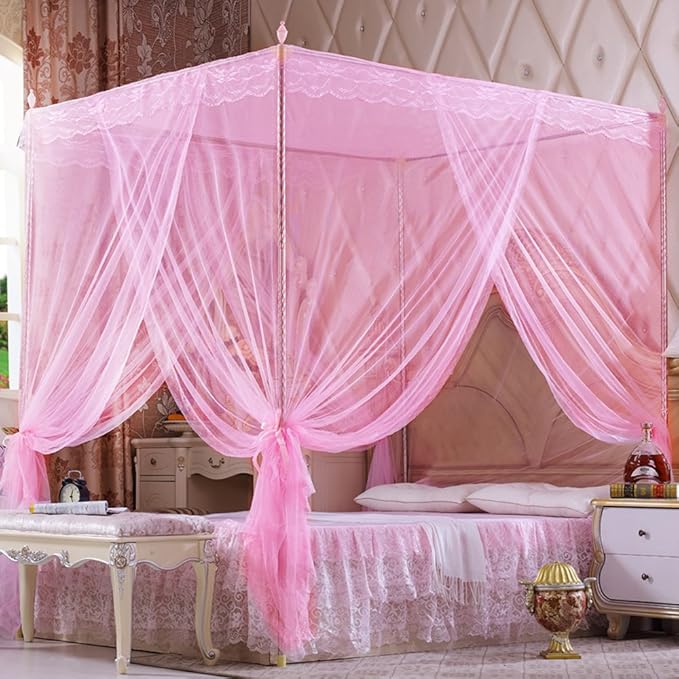 4 Corners Post Pink Canopy Bed Curtain Full Bed for Girls & Adults - 4 Opening Mosquito Net - Princess Bedroom Decoration