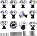 DEELF 12 Packs Kitchen Cabinet Knobs, 40 mm Crystal Cabinet Knobs, Diamond Dresser Handle Drawer Pulls, Dresser Knobs for Cabinets and Drawers, Black Base