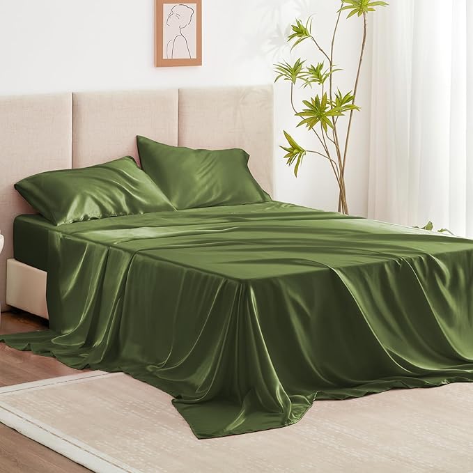 Love's cabin Full Size Satin Sheet Sets - 4 Piece Sage Silky Satin Sheet Set Full with Deep Pocket, Luxury Silk Feel Satin Bed Sheets Full Bedding Set (1 Flat Sheet,1 Fitted Sheet,2 Pillow Cases)