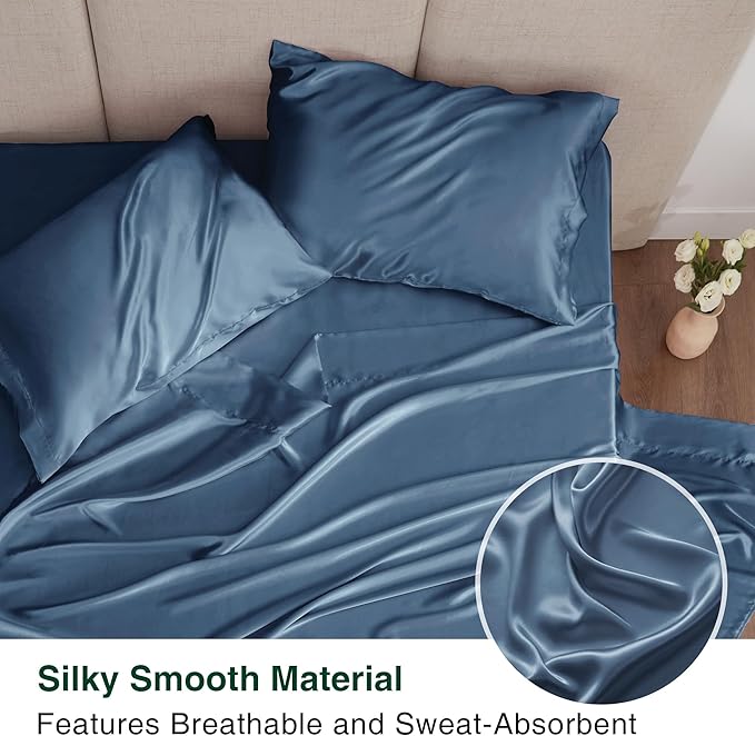 Love's cabin Twin Satin Sheets Sets - 3 Piece Ash Blue Silky Bed Sheets with Deep Pockets, Luxury Silk Feel Satin Twin Size Sheet Set Bedding Set (1 Flat Sheet,1 Fitted Sheet,1 Pillow case)