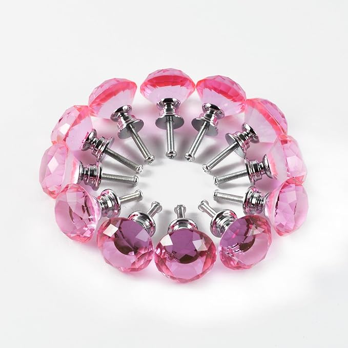 12pcs Diamond Shape Crystal Glass 30mm Cabinet Drawer Knob Pink