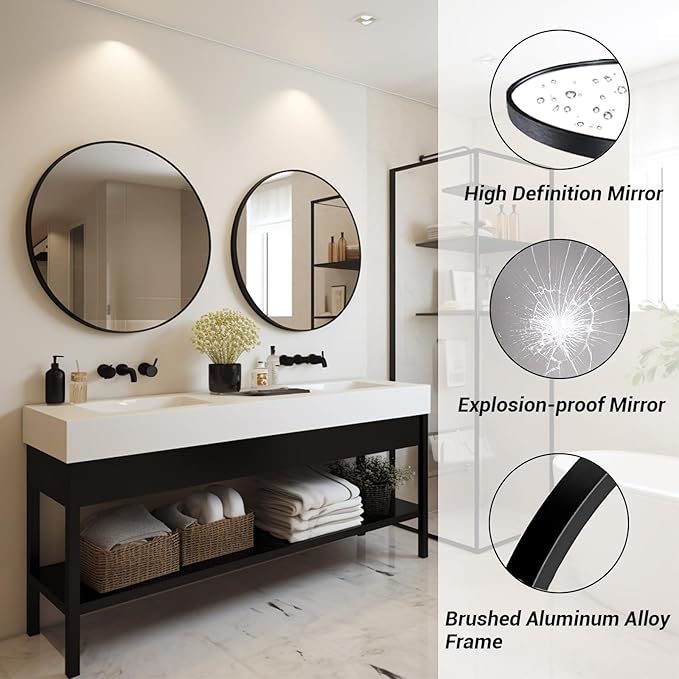 Small Round Mirror, 16 inch Round Mirror, Round Black Mirror, Metal Frame Circle Mirrors for Bathroom, Bedroom, Vanity, Wall Decor.