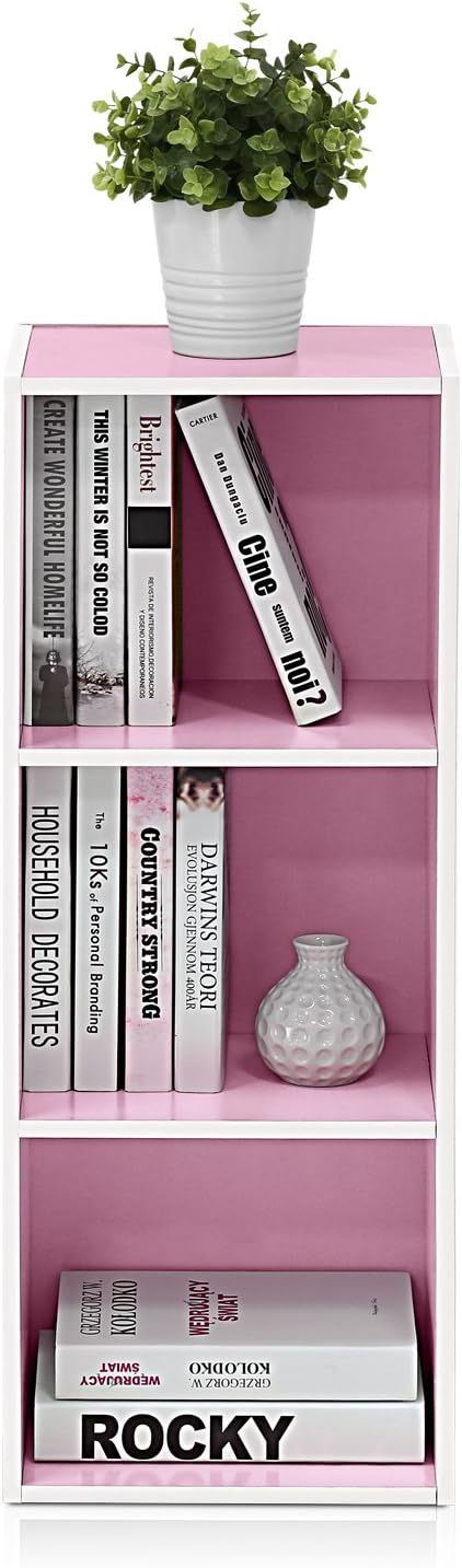 Furinno LUDER Book Shelf, 3-Cube Bookshelf, Bookcase, 9.3" x 12" x 31.5", for Living Room, Bedroom, Home Office, White/Pink